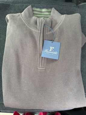 Faconnable Men's Taupe Zip-Neck Sweater with Striped Collar Lining